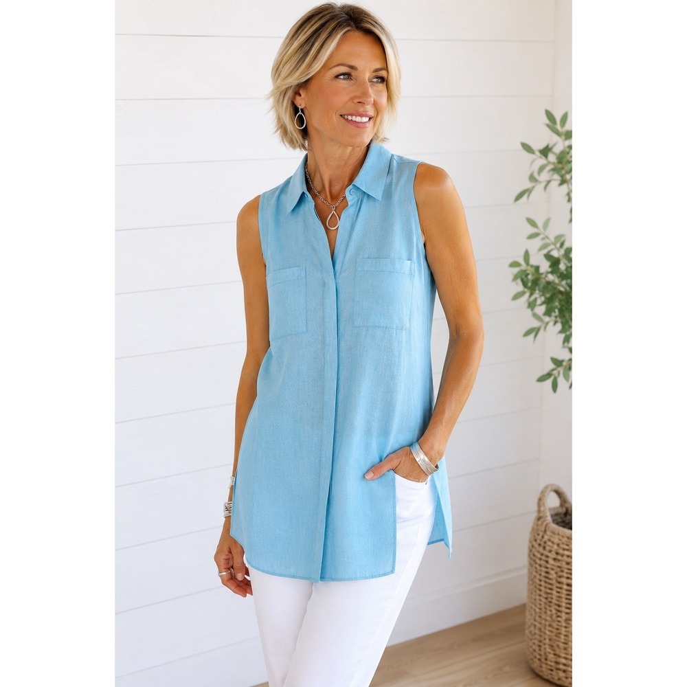 Chicos 100% Linen Tunic Bouse 2 Soft Blue Sleeveless Button Front Coastal Luxury